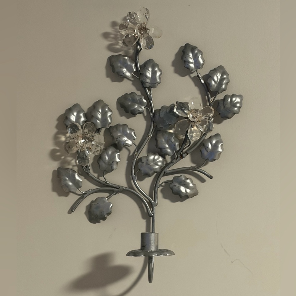 Vintage Hollywood Regency Floral Metal & Beaded  Wall Sconce Candle Holder 16”